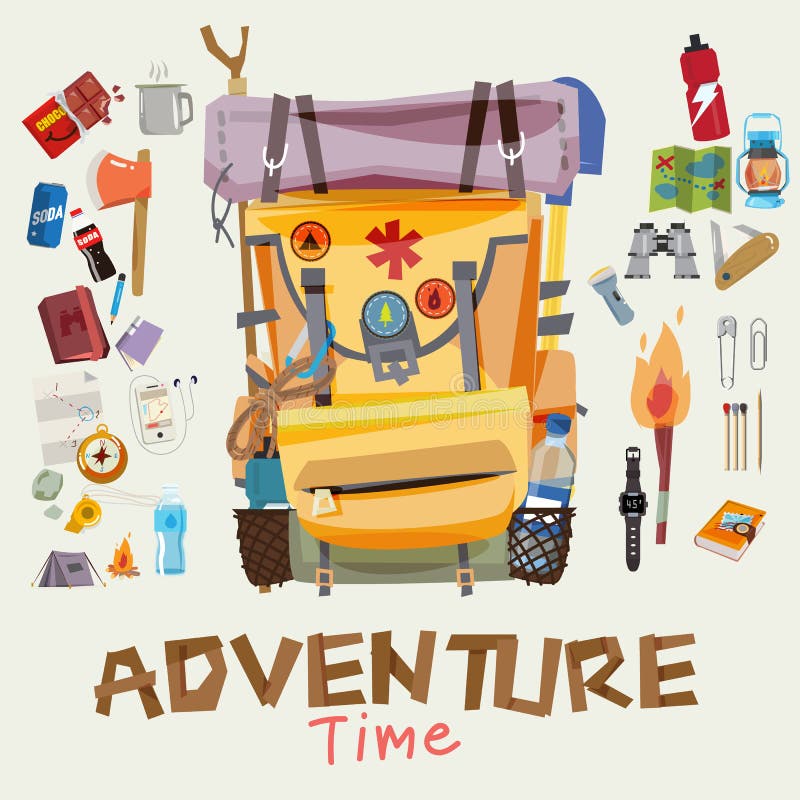 Avventuri lo zaino con gli oggetti del viaggiatore nel telaio rotondo avvenimento illustrazione vettoriale Avventuri lo zaino con gli oggetti del viaggiatore nel telaio rotondo avvenimento illustrazione vettoriale
