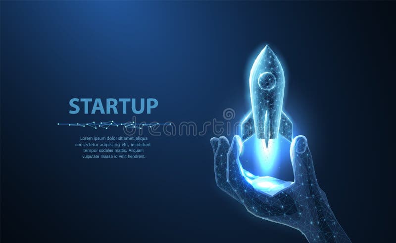 Avvio. avvio del razzo dalla mano digitale. isolato in blu. sviluppo rapido del web illustrazione di stock