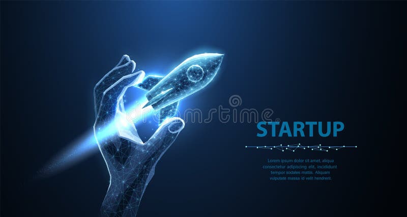 Avvio. avvio del razzo dalla mano digitale. isolato in blu. sviluppo rapido del web illustrazione vettoriale