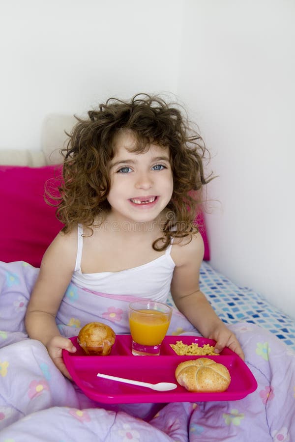 Awakening bed breakfast brunette children girl messy hair