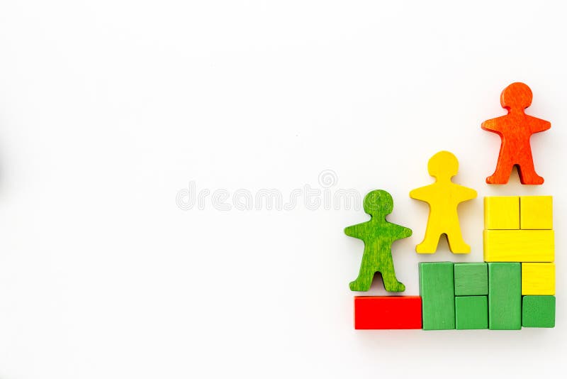 Awards podium figures of humans on white table from above copy space fotografia stock libera da diritti