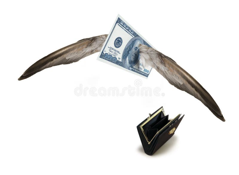 One hundred dollar bill flying away from an empty an open wallet. One hundred dollar bill flying away from an empty an open wallet