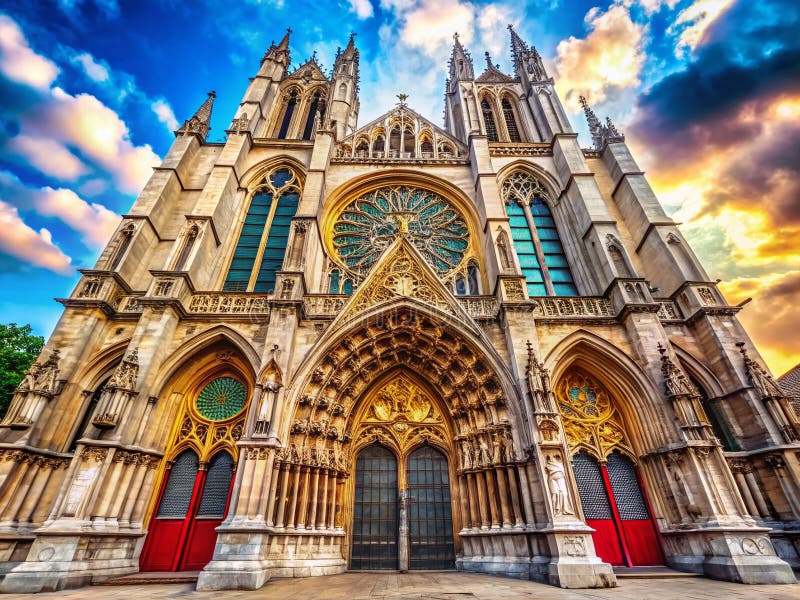AweInspiring Gothic Architecture An Upward Gaze at a Majestic Belgian Cathedral Unveiling Intricate Details and stock illustration