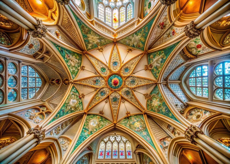 AweInspiring Gothic Cathedral Ceiling A Study in Architectural Grandeur and Ornate Detailing royaltyfri illustrationer
