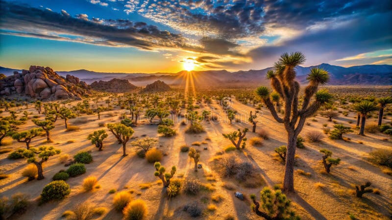 Häpnadsväckande Joshua Tree-skog i solnedgången Drönarperspektiv av ett majestätiskt ökenlandskap stock illustrationer