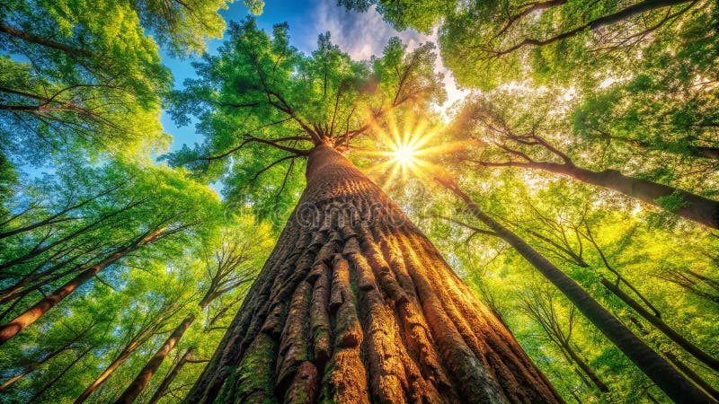 AweInspiring Sollight Filtering genom en majestisk kanopi En Breathtake-look på en giant Trees Lush Crown vektor illustrationer