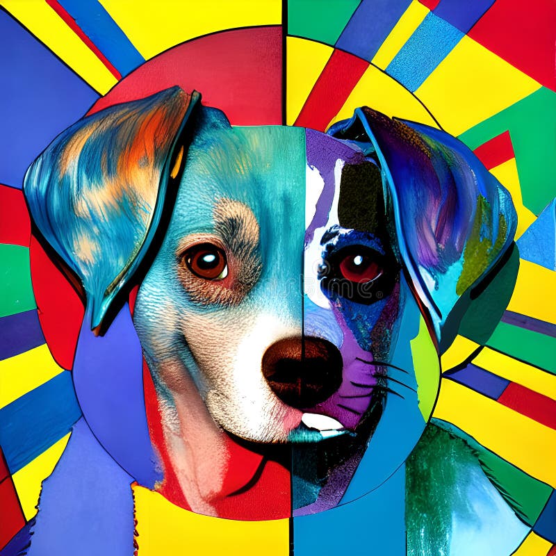 Awesome Computer Artwork Collage of a Colorful Pop Art Dog Portrait Generative AI Stock