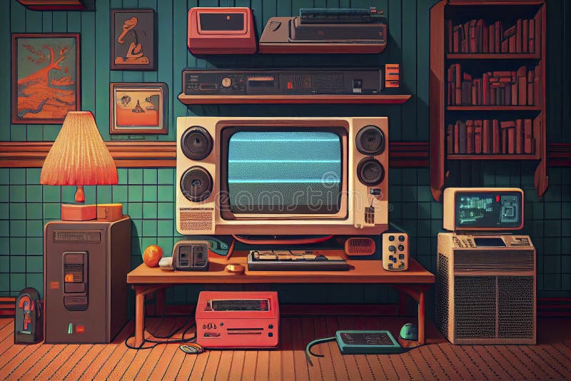 Awesome gaming setup from the 80-s. Retro gaming concept. Vintage