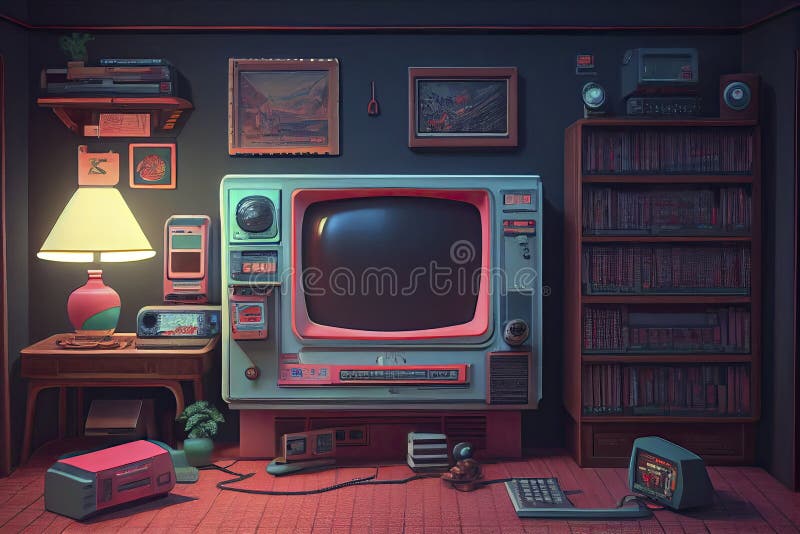 Awesome gaming setup from the 80-s. Retro gaming concept. Vintage retro  room for entertainment. Greatest interior ever. Generative AI. Stock  Illustration