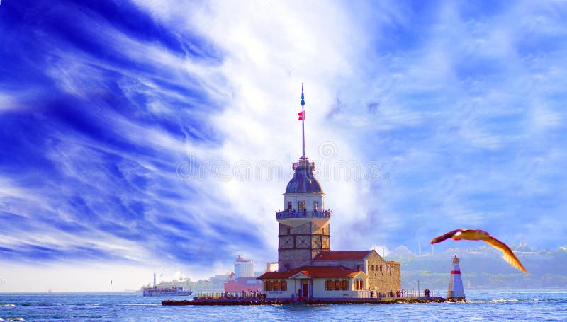Awesome sky and Maiden`s Tower kiz kulesi in istanbul.