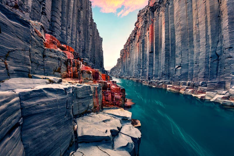 Awesome summer view of Studlagil Canyon. Breathtaking morning landscape of Jokulsa A Bru river. Superb outdoor scene of Iceland, E