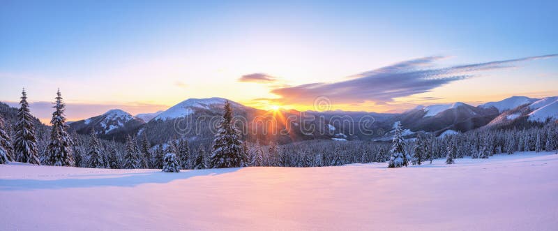 Awesome sunrise. High mountains with snow white peaks. A panoramic view of the covered with frost trees in the snowdrifts. Winter