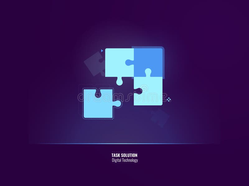 Awesome task solution neon banner, four part of puzzle come together, teamwork business concept, creative idea, flat vector illustration Awesome task solution neon banner, four part of puzzle come together, teamwork business concept, creative idea, flat vector illustration