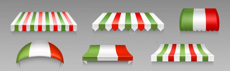 Awnings, italian shop tents, canopy, street market overhangs, sun shade shelters. Outdoor coverings with red, green and white stripes isolated on transparent background, Realistic 3d vector set. Awnings, italian shop tents, canopy, street market overhangs, sun shade shelters. Outdoor coverings with red, green and white stripes isolated on transparent background, Realistic 3d vector set