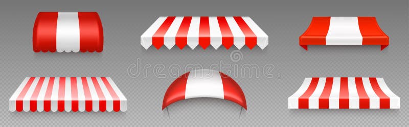 Awnings, shop tents, canopy, street market overhangs, sun shade shelters. Outdoor coverings with red and white stripes for store and shop isolated on transparent background, Realistic 3d vector set. Awnings, shop tents, canopy, street market overhangs, sun shade shelters. Outdoor coverings with red and white stripes for store and shop isolated on transparent background, Realistic 3d vector set