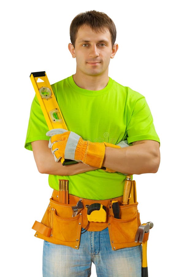 Aworker with Toolbelt and Construction Level Stock Image Image of