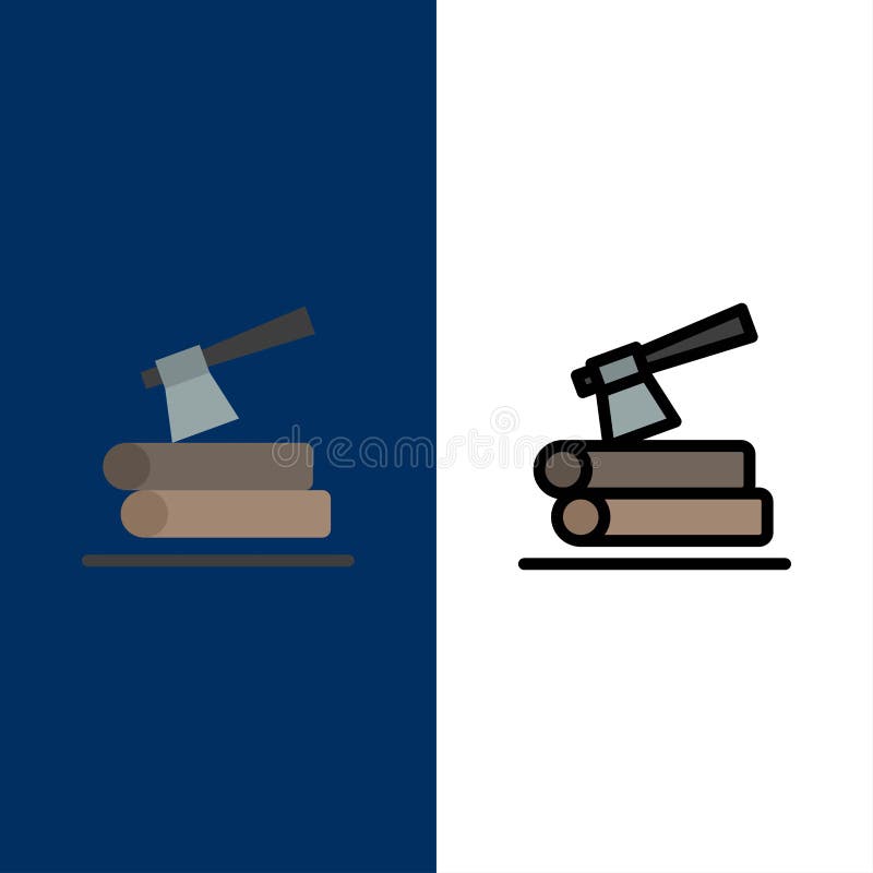 Ax, Log, Timber, Wood Icons. Flat and Line Filled Icon Set Vector Blue Background stock illustration.