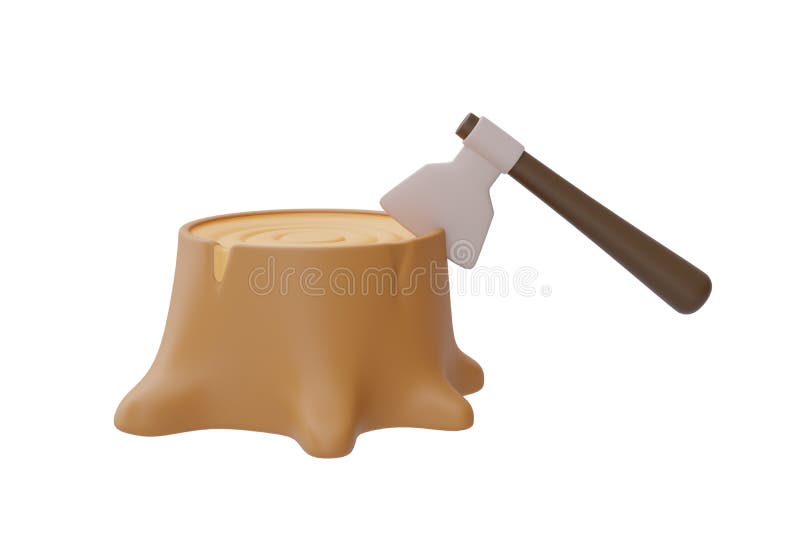 Axe with a wooden handle on a stump isolated on white background, Camping equipment, holiday vacation. 3d rendering.