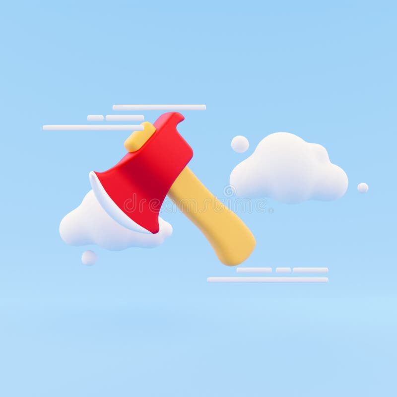 axe in a wooden stump 3d render icon on cloud and blue background, 3D rendering ax icon on abstract background.