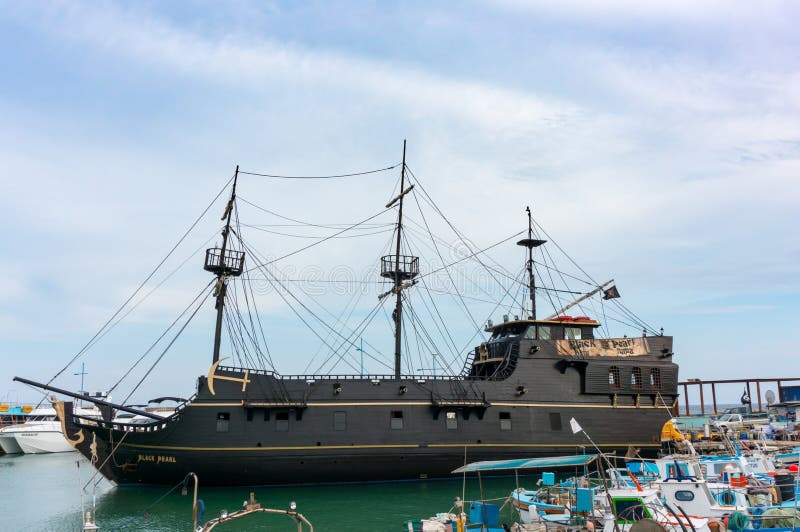AYIA NAPA, CYPRUS - June 02, 2018: Pirate ship Black Pearl in the port of Ayia Napa, Cyprus. A copy of the ship from the movie stock photos AYIA NAPA, CYPRUS - June 02, 2018: Pirate ship Black Pearl in the port of Ayia Napa, Cyprus. A copy of the ship from the movie stock photos