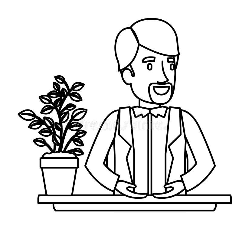 Ayudante negro del hombre de la barba de half body van dyke del primer de la silueta en escritorio en chaqueta stock de ilustración Ayudante negro del hombre de la barba de half body van dyke del primer de la silueta en escritorio en chaqueta stock de ilustración