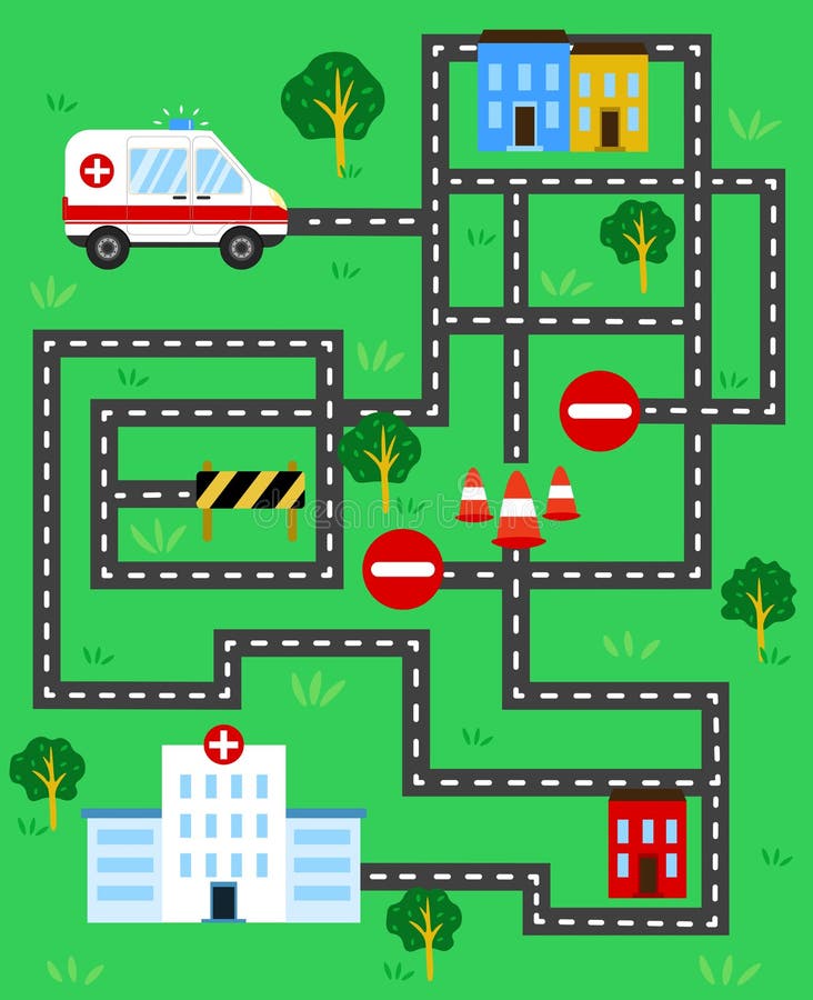 Ayudar a la ambulancia a encontrar el camino al hospital. juego de laberinto o laberinto de color para niños preescolares. rompeca ilustración del vector