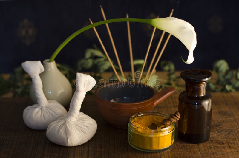Ayurvedic spice, oil and massaging tools royalty free stock image Ayurvedic spice, oil and massaging tools royalty free stock image