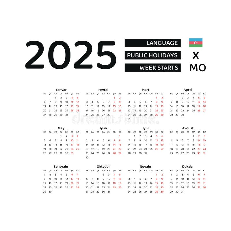 Azerbaijan Calendar 2025. Week Starts from Monday. Vector Graphic Design Stock Vector