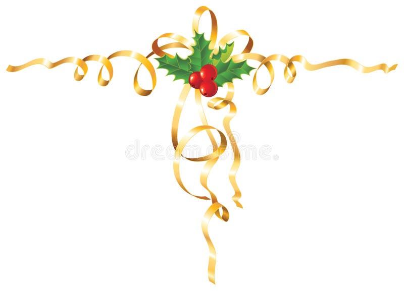 Azevinho do Natal com fita/vetor do ouro ilustração stock Azevinho do Natal com fita/vetor do ouro ilustração stock