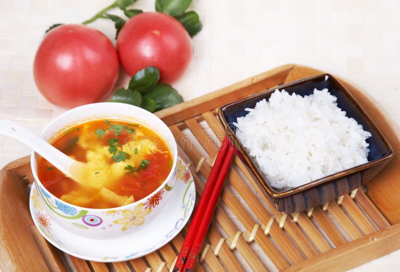 Asian food - vegetable soup and rice. Asian food - vegetable soup and rice.