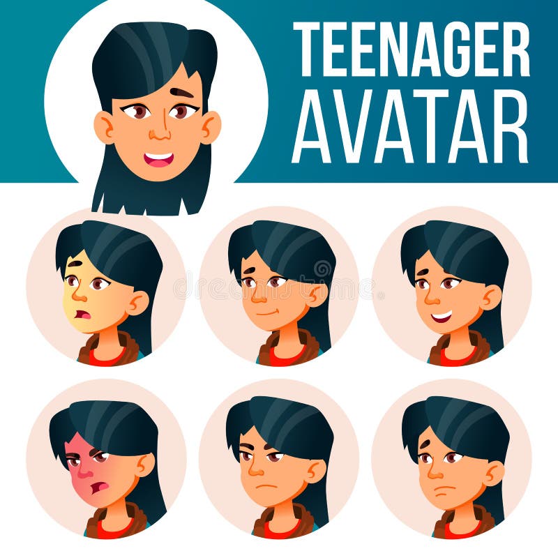 Aziatische Avatar van het Tienermeisje Vastgestelde Vector Zie Emoties onder ogen Gebruiker, Karakter Vrolijke pret, Beeldverhaal vector illustratie Aziatische Avatar van het Tienermeisje Vastgestelde Vector Zie Emoties onder ogen Gebruiker, Karakter Vrolijke pret, Beeldverhaal vector illustratie