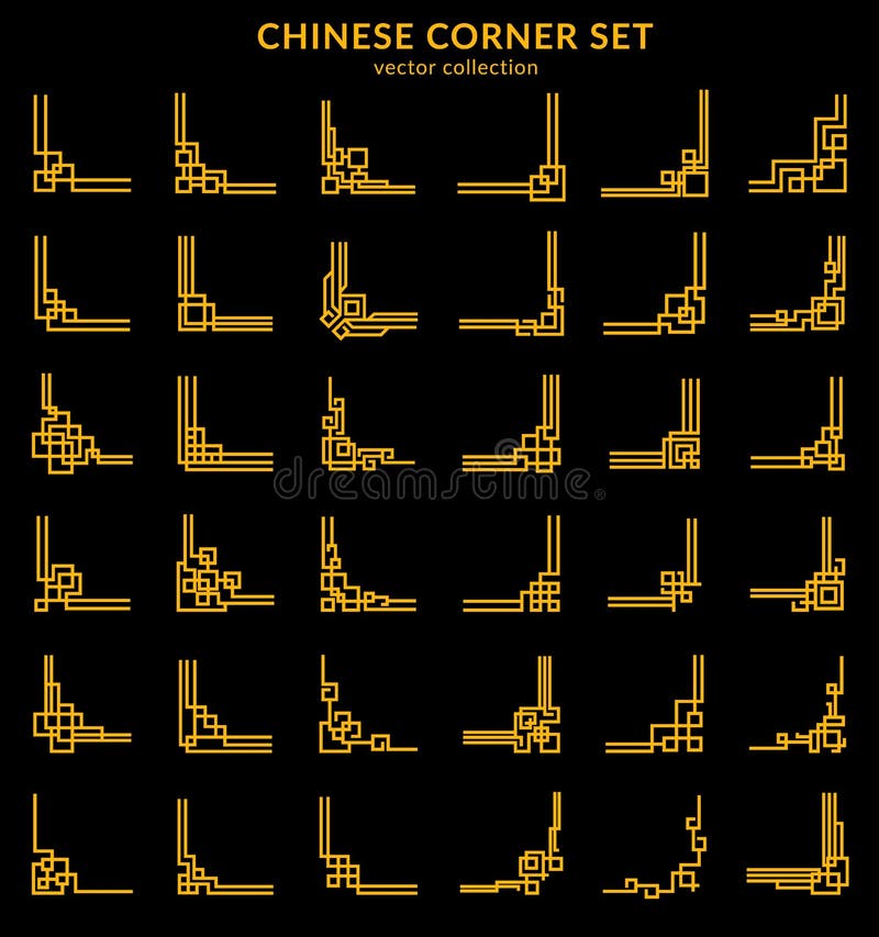 Asian chinese golden frame corners and dividers, oriental ornaments. Gold knots embellishments vector set. Decorative borders, Feng Shui traditional elements, geometric ornamental corners. Asian chinese golden frame corners and dividers, oriental ornaments. Gold knots embellishments vector set. Decorative borders, Feng Shui traditional elements, geometric ornamental corners