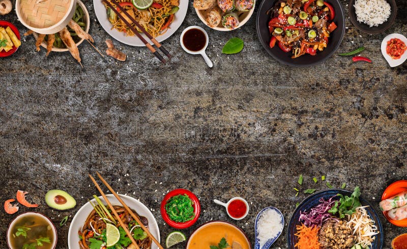 Asian food background with various ingredients on rustic stone background , top view. Vietnam and Thai cuisine. Asian food background with various ingredients on rustic stone background , top view. Vietnam and Thai cuisine.