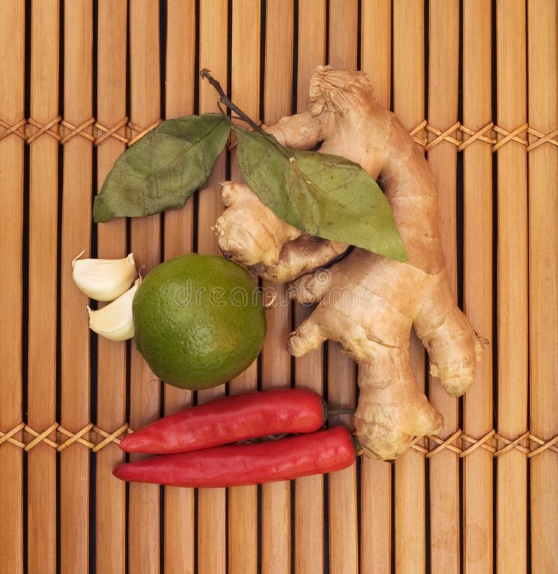 Asian food ingredients - ginger, chilli, lime, garlic. Asian food ingredients - ginger, chilli, lime, garlic