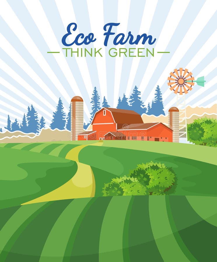 Eco farm. Agriculture vector illustration. Colorful countryside. Poster with retro village. Think green. Eco farm. Agriculture vector illustration. Colorful countryside. Poster with retro village. Think green