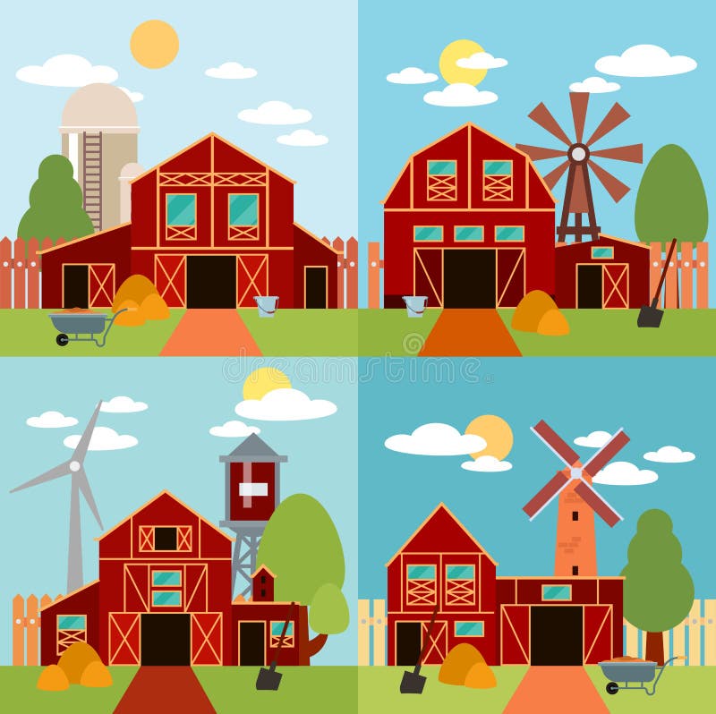 Azienda agricola nel paesaggio piano del villaggio Sfondo naturale, prodotti biologici illustrazione vettoriale Azienda agricola nel paesaggio piano del villaggio Sfondo naturale, prodotti biologici illustrazione vettoriale