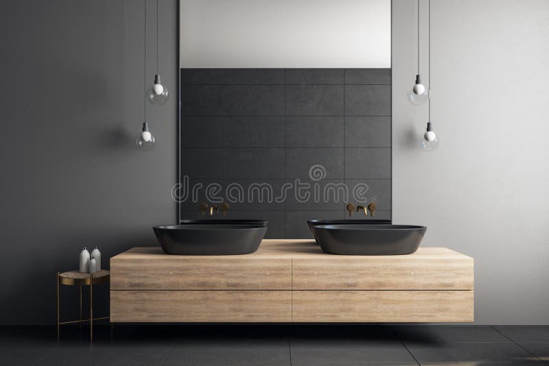 Contemporary concrete bathroom interior with mirror and sinks. Design concept. 3D Rendering. Contemporary concrete bathroom interior with mirror and sinks. Design concept. 3D Rendering