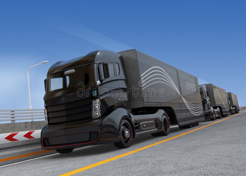 Azionamento del plotone dei camion ibridi autonomi che guidano sulla strada principale illustrazione di stock Azionamento del plotone dei camion ibridi autonomi che guidano sulla strada principale illustrazione di stock
