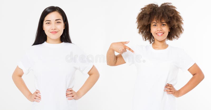 Asian and african american women in blank white t shirt isolated on white background. Multi ethnic and multination concept. Set of template summer clothes tshirt. Copy space. Front view. Asian and african american women in blank white t shirt isolated on white background. Multi ethnic and multination concept. Set of template summer clothes tshirt. Copy space. Front view
