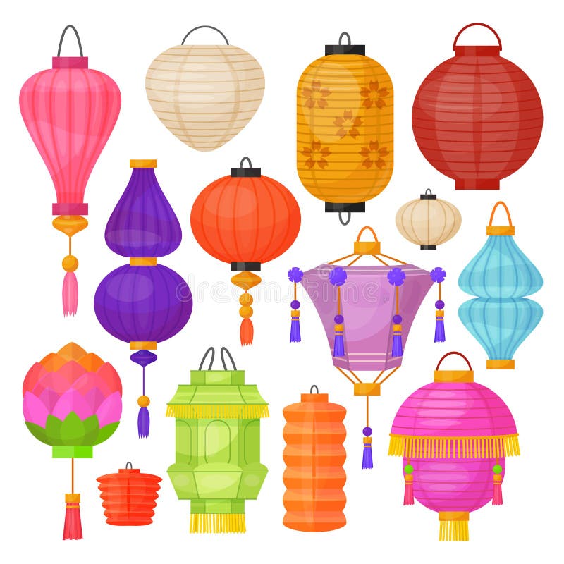 Azjata lampionu papierowy tradycyjny jaskrawy kolorowy set royalty ilustracja Azjata lampionu papierowy tradycyjny jaskrawy kolorowy set royalty ilustracja