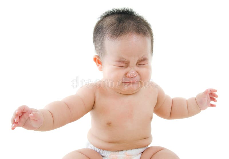 Upset Asian baby boy crying, sitting isolated on white background. Upset Asian baby boy crying, sitting isolated on white background