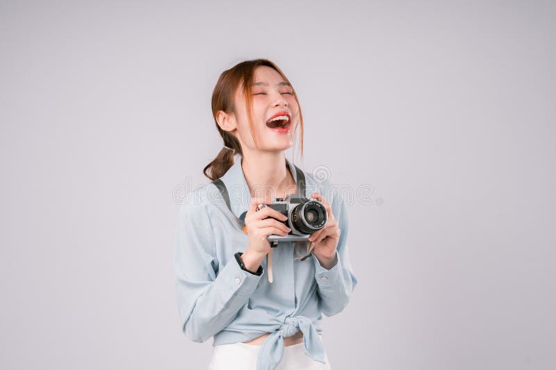 Azjatycka Kobieta Kamera Podróżująca Happy Smile Fotografia Portret Osoba radosna Tourist Capture obraz stock