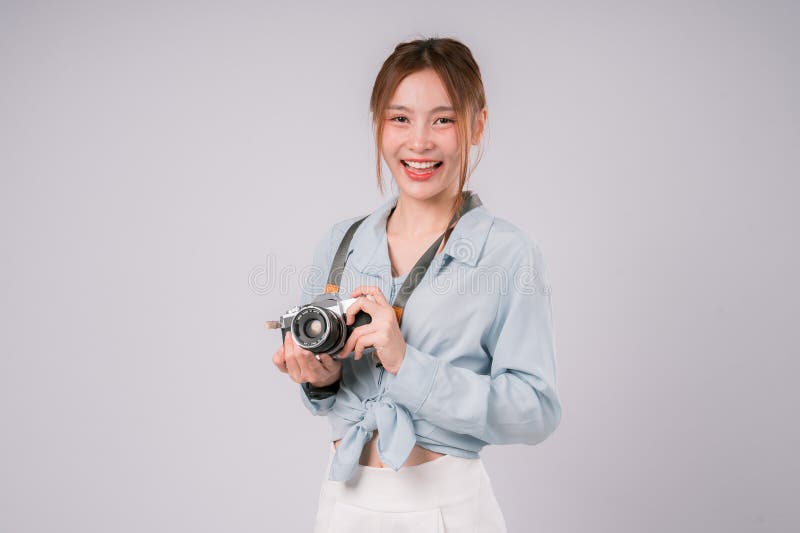 Azjatycka Kobieta Kamera Podróżująca Happy Smile Fotografia Portret Osoba radosna Tourist Capture obrazy royalty free