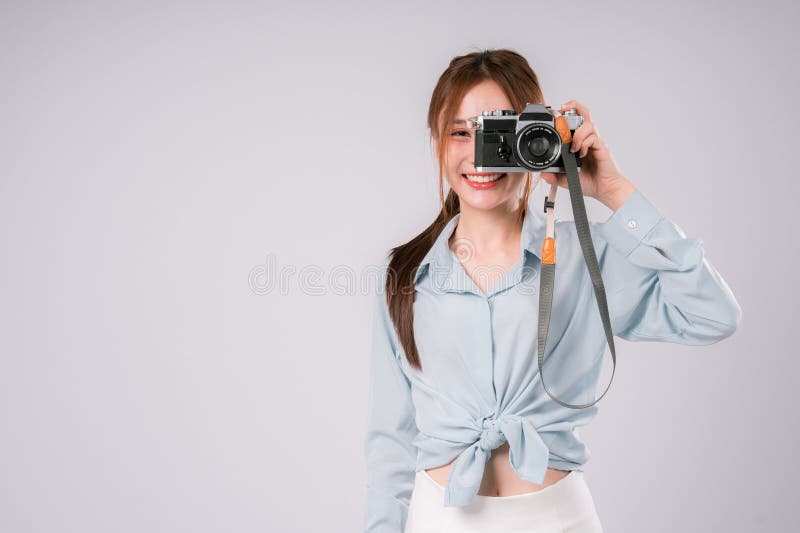 Azjatycka Kobieta Kamera Podróżująca Happy Smile Fotografia Portret Osoba radosna Tourist Capture zdjęcia royalty free