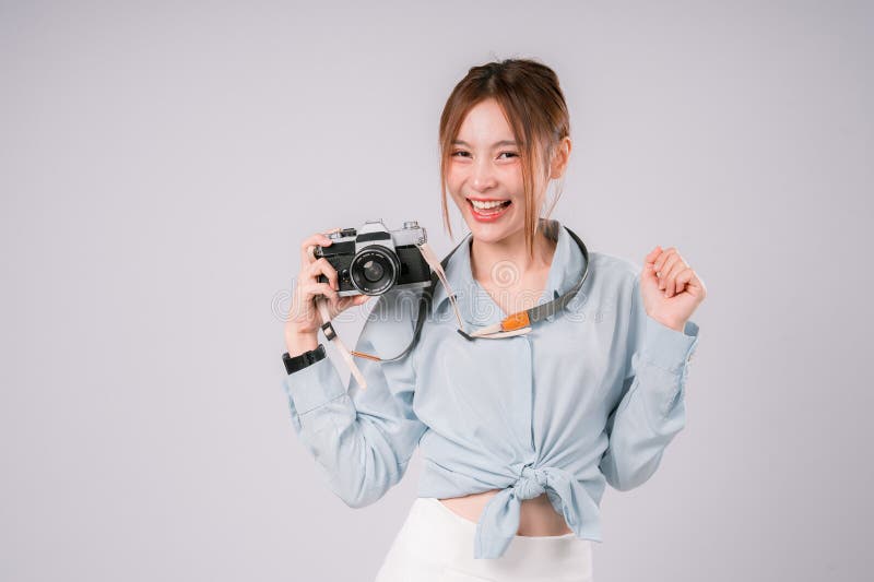 Azjatycka Kobieta Kamera Podróżująca Happy Smile Fotografia Portret Osoba radosna Tourist Capture obraz stock