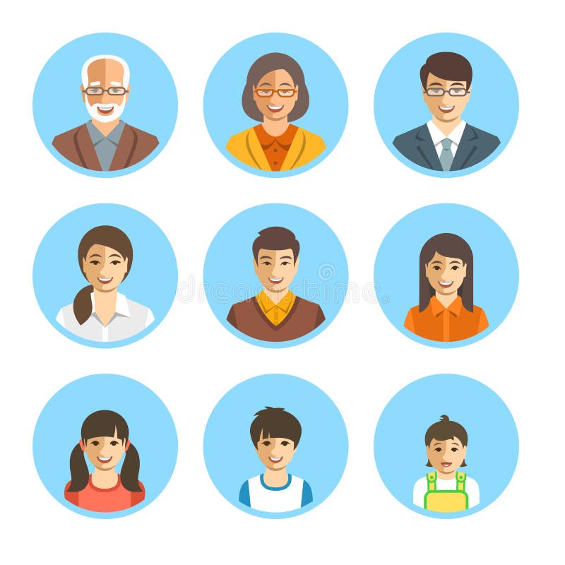 Azjatyckich rodzinnych szczęśliwych twarzy płascy avatars ustawiający ilustracji Azjatyckich rodzinnych szczęśliwych twarzy płascy avatars ustawiający ilustracji