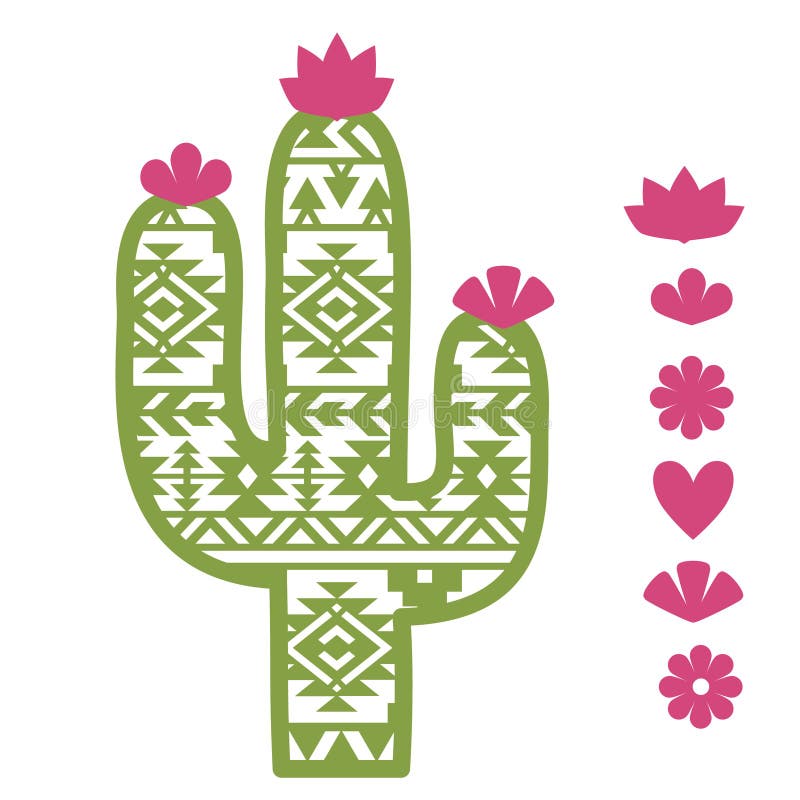 Aztec Cactus Flowers Graphic Printable Illustration. Vector Boho