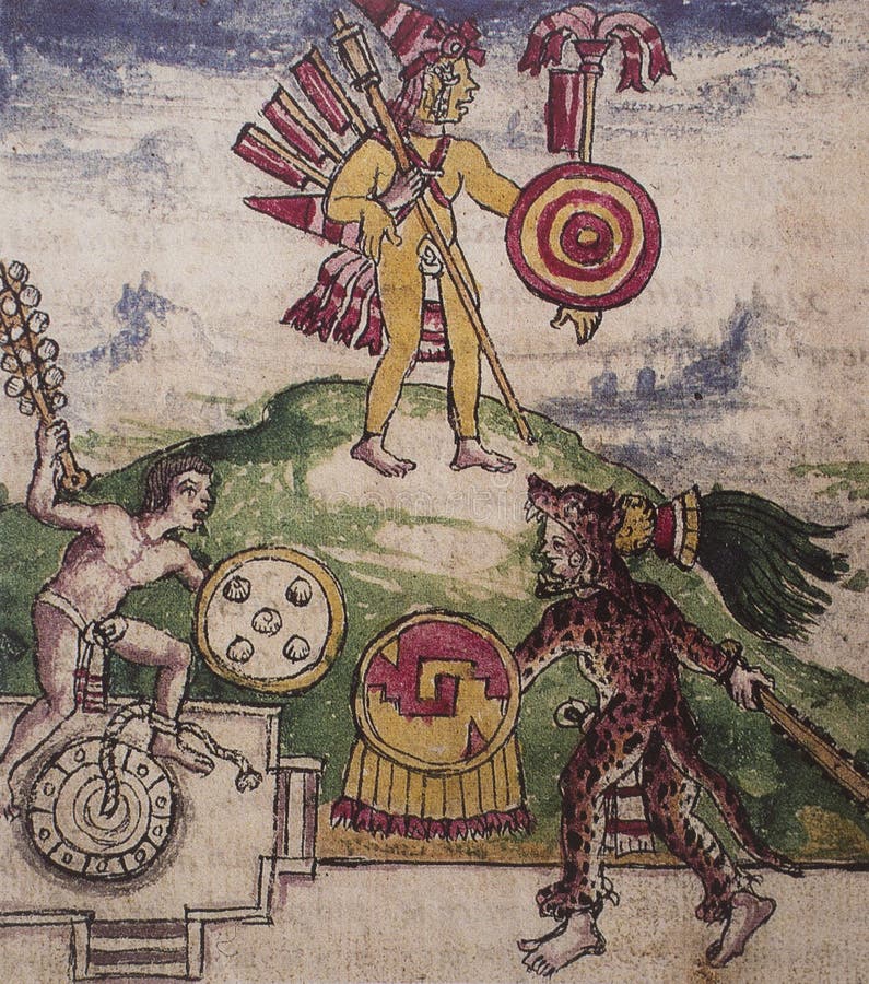 Aztec gladiatorial fighting with prisoners. Tlacaxipehualiztli rituals