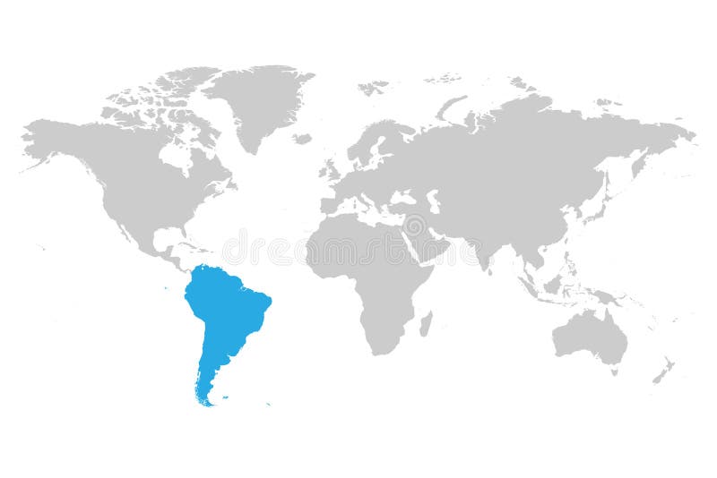 Azul continente de Suramérica marcado en la silueta gris del mapa del mundo Ejemplo plano simple del vector