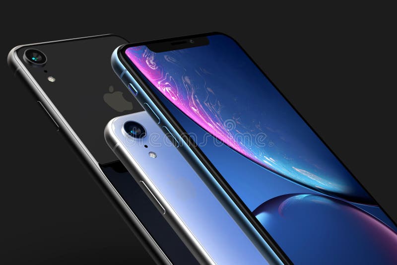 3 azul del iPhone XR teléfonos elegantes del gris de la plata y del espacio en negro ilustración del vector 3 azul del iPhone XR teléfonos elegantes del gris de la plata y del espacio en negro ilustración del vector